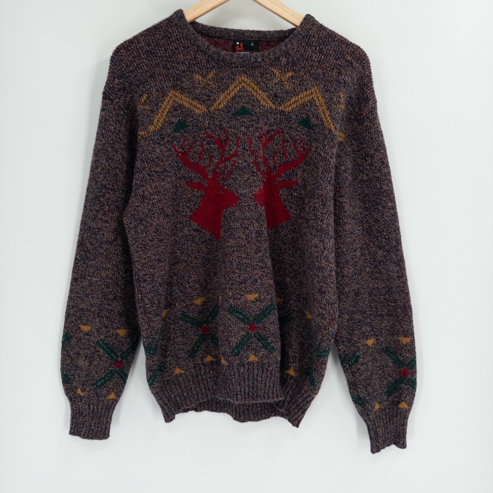Vintage 90s Deer Sweater Mens L Brown Stag Grandpa Holiday Christmas Cabin Retro
